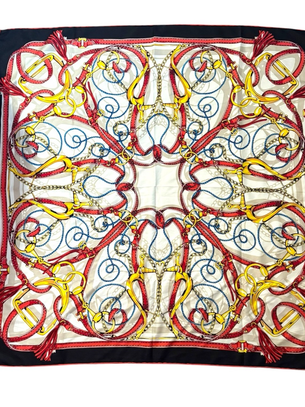 Equestrian Print Silk-Style Scarf in Red, Yellow & Blue